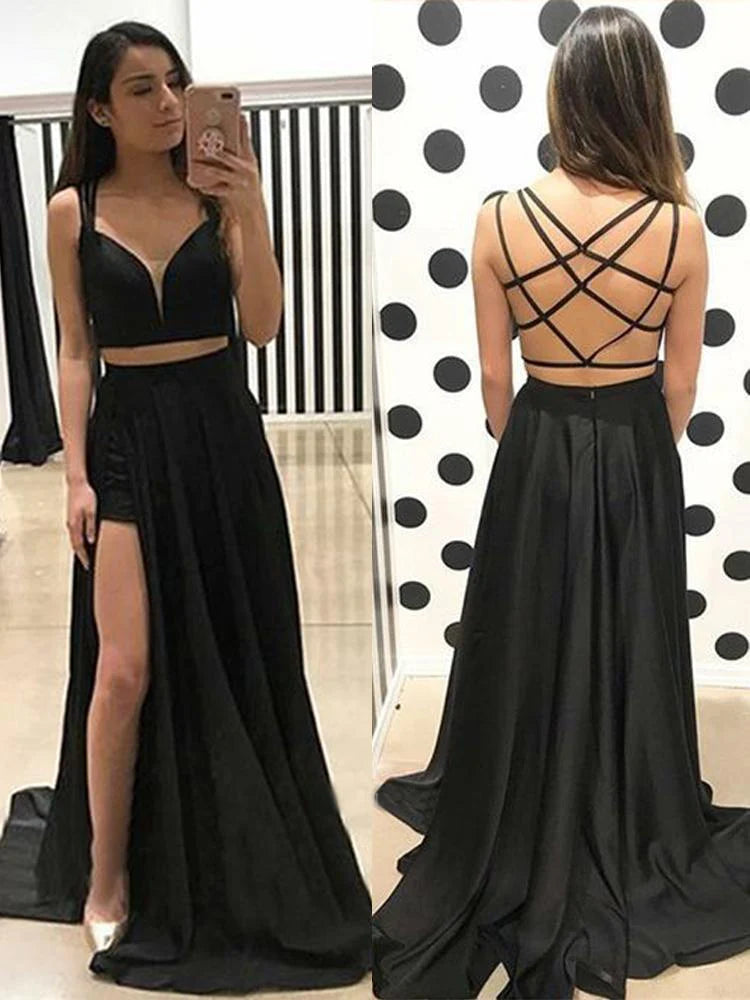 A Line V Neck Two Piece Sweetheart Cross Back Split Black Long Prom Dresses