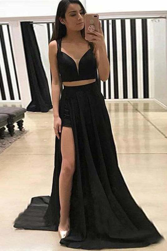 A Line V Neck Two Piece Sweetheart Cross Back Split Black Long Prom Dresses