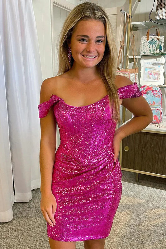 Sexy Bodycon Off the Shoulder Sequins Tight Short Homecoming Dress