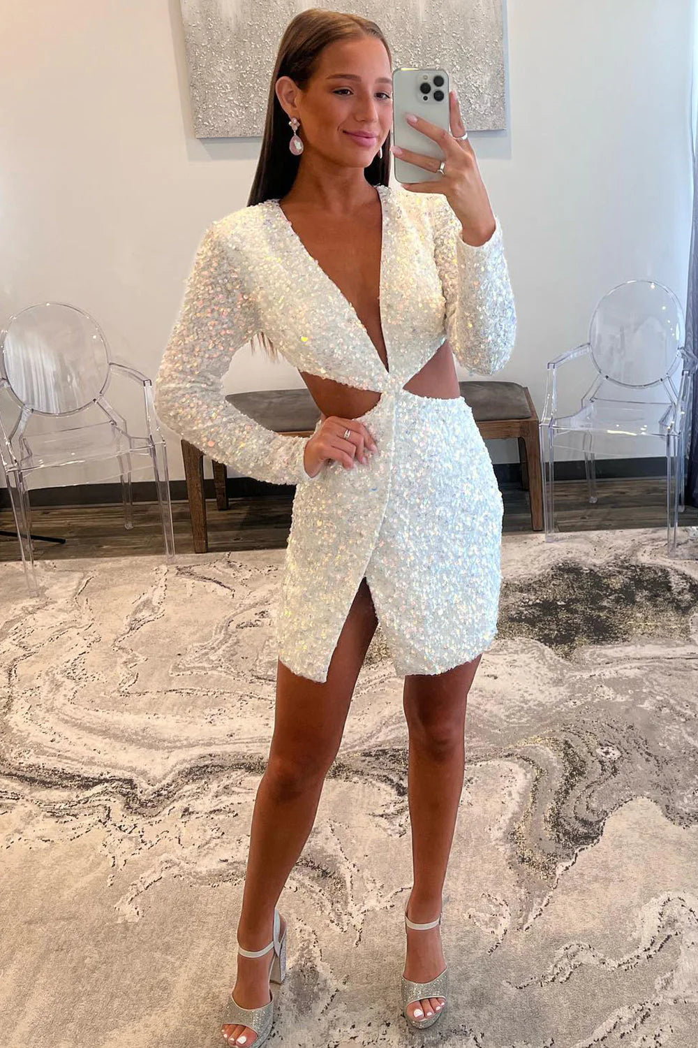 Sexy Bodycon Sequin Long Sleeve Short Cocktail Dress Homecoming Dresses