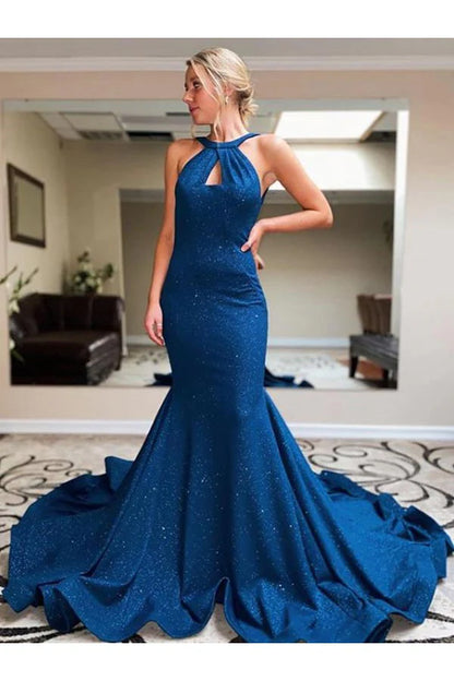 Sexy Halter Backless Prom Dresses Satin Mermaid Sweep Train