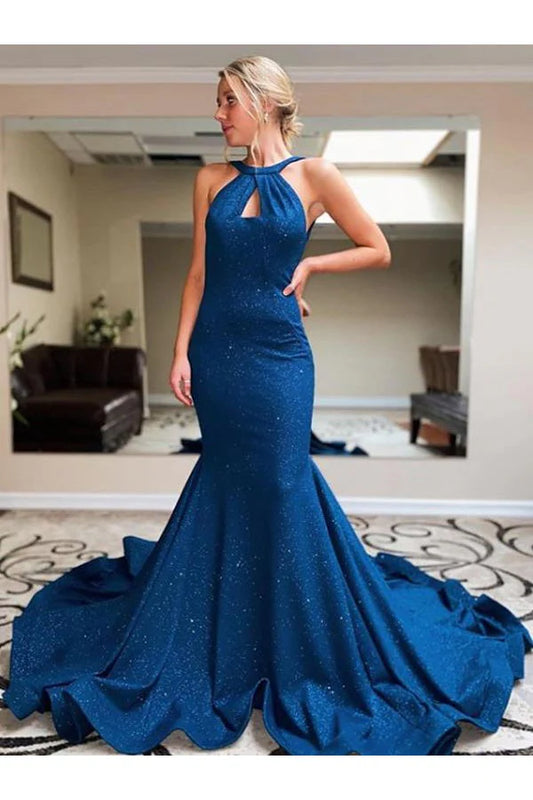 Sexy Halter Backless Prom Dresses Satin Mermaid Sweep Train