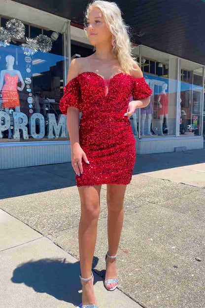 Sexy Off the Shoulder Red Bodycon Sequins Above Knee Sheath Homecoming Dress