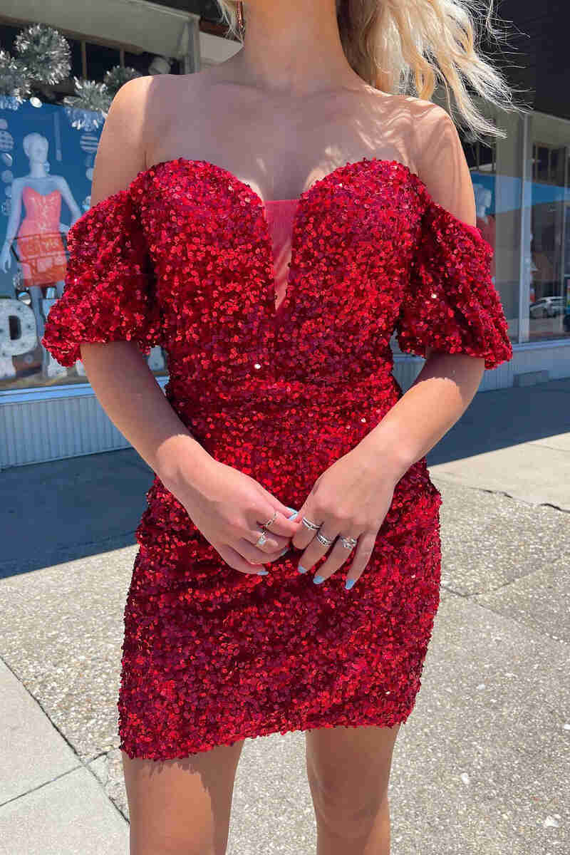 Sexy Off the Shoulder Red Bodycon Sequins Above Knee Sheath Homecoming Dress