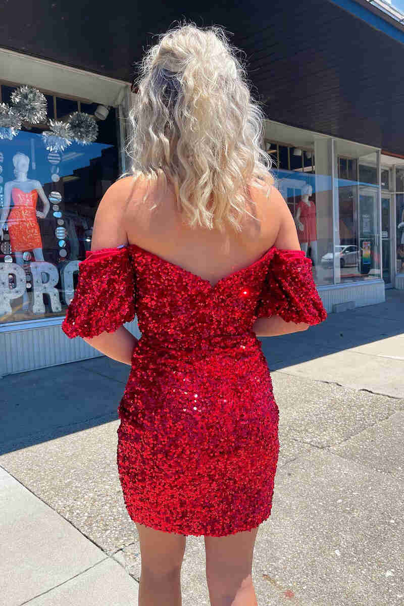 Sexy Off the Shoulder Red Bodycon Sequins Above Knee Sheath Homecoming Dress