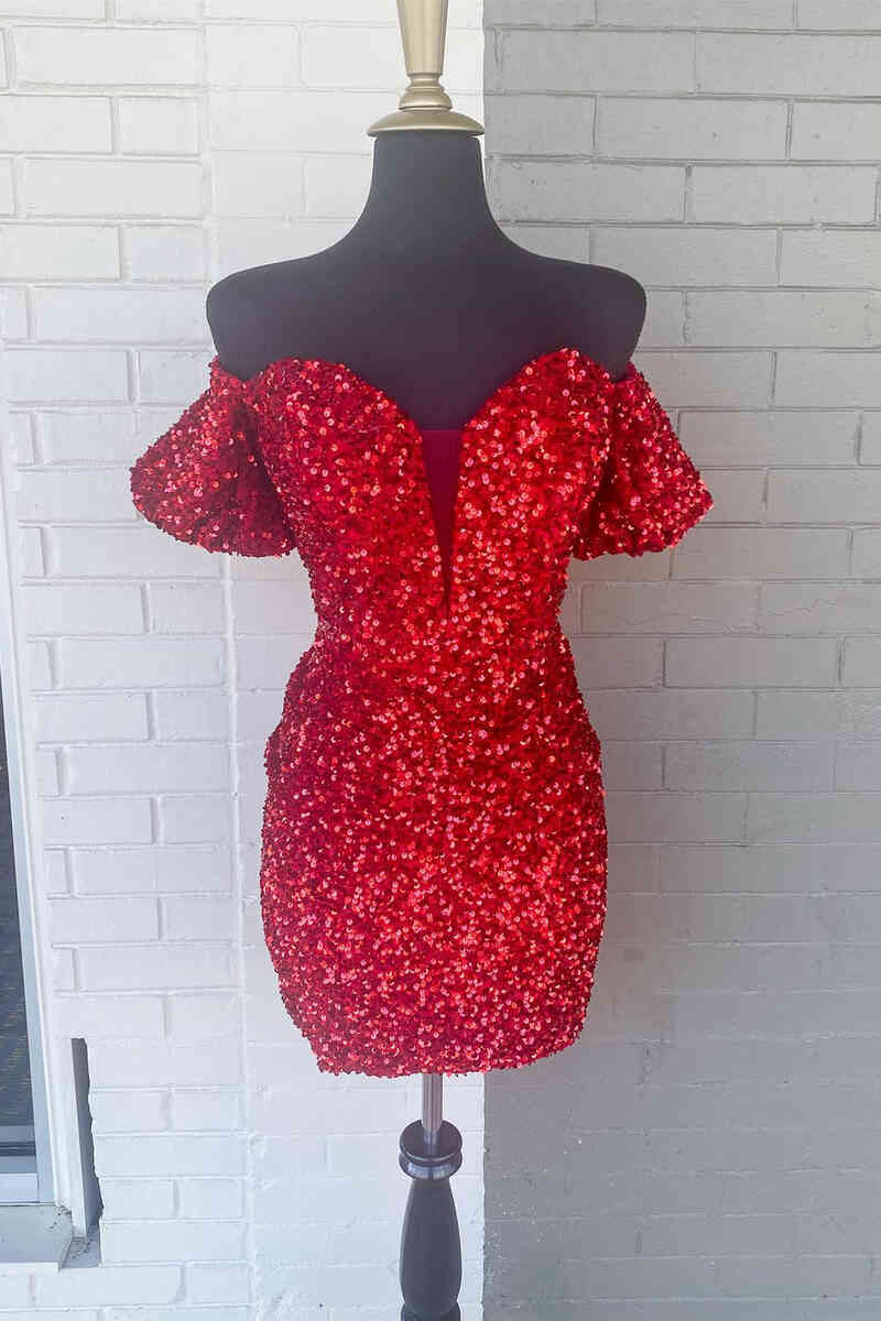 Sexy Off the Shoulder Red Bodycon Sequins Above Knee Sheath Homecoming Dress