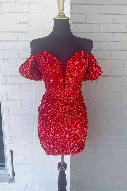 Sexy Off the Shoulder Red Bodycon Sequins Above Knee Sheath Homecoming Dress