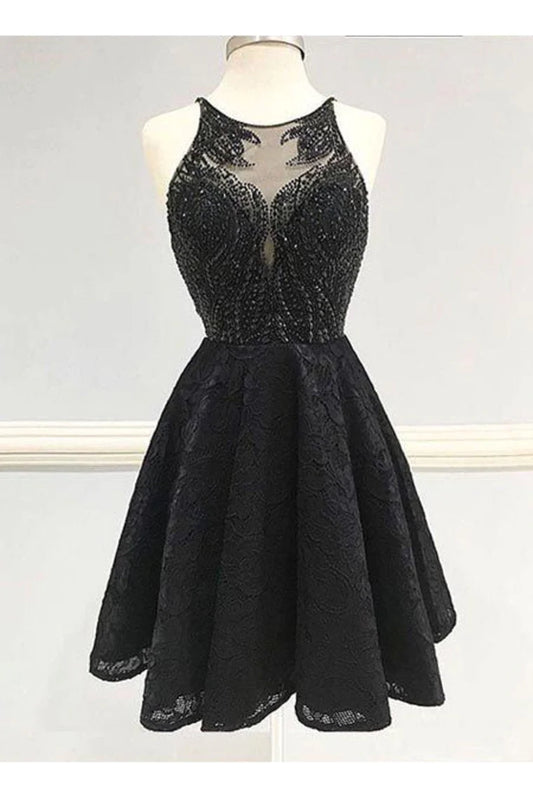 Sexy Open Back Scoop Beaded Bodice Homecoming Dresses A Line Lace