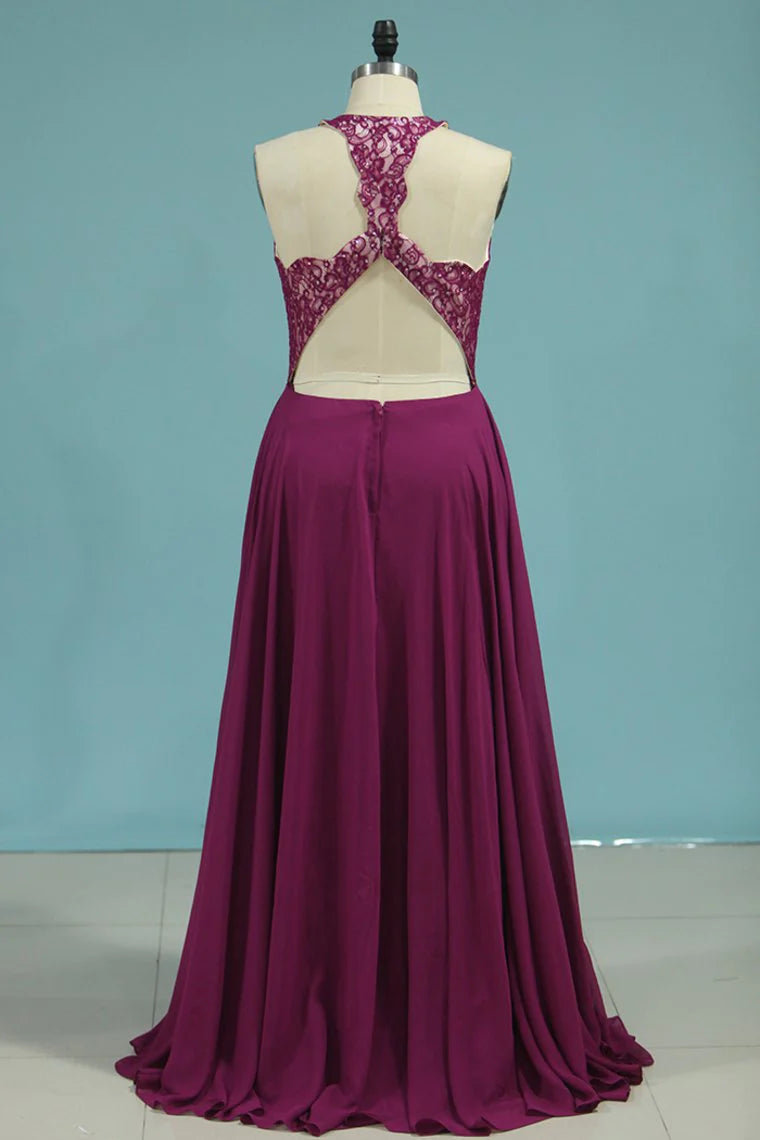 Sexy Open Back Scoop Chiffon & Lace A Line Party Dresses