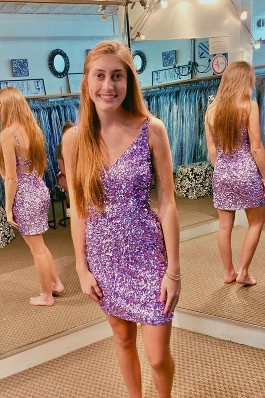 Sexy Sequin Homecoming Dresses Spaghetti Straps Sheath Open Back Short/Mini