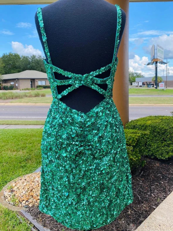 Sexy Sequin Homecoming Dresses Spaghetti Straps Sheath Open Back Short/Mini