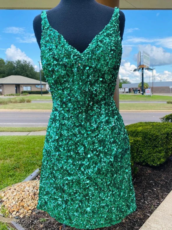 Sexy Sequin Homecoming Dresses Spaghetti Straps Sheath Open Back Short/Mini