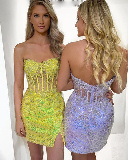 Sexy Sequin Short Sweetheart Purple Mermaid Strapless Pleat Homecoming Dresses