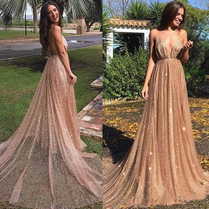 Sexy Sequin Tulle Backless Spaghetti Straps V Neck Long Evening Prom Dresses