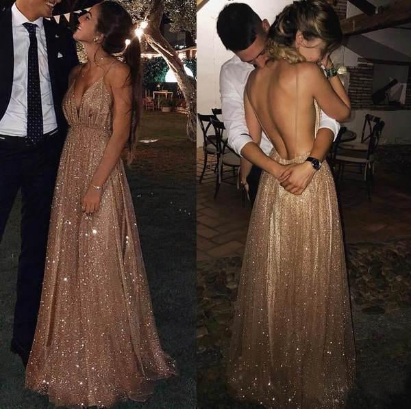 Sexy Sequin Tulle Backless Spaghetti Straps V Neck Long Evening Prom Dresses