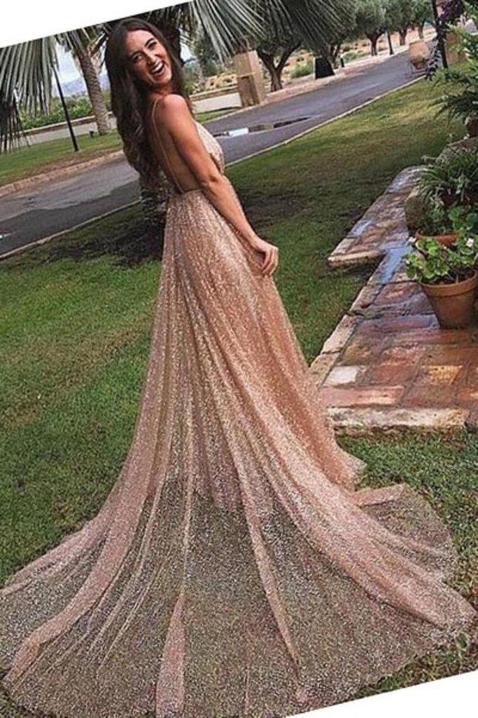 Sexy Sequin Tulle Backless Spaghetti Straps V Neck Long Evening Prom Dresses