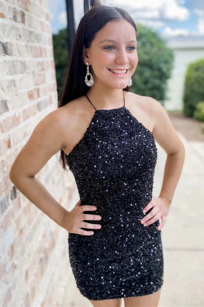 Sexy Sheath Black Sequin Halter Backless Above Keen Short Homecoming Dress