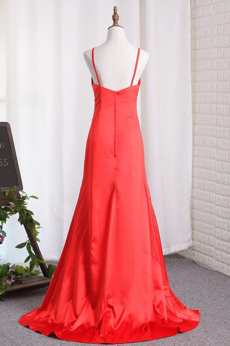 Sexy Sheath/Column Red Slit Party Dresses Elastic Satin