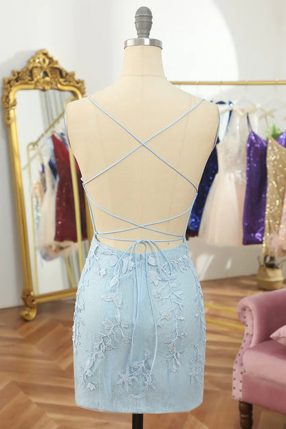 Sexy Sheath Lace Appliques Spaghetti Straps Homecoming Dresses with Above Length