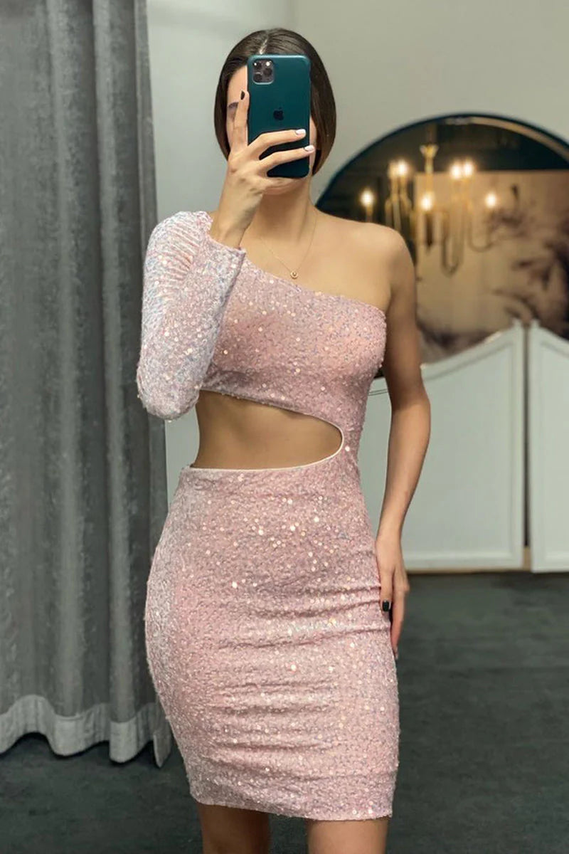 Sexy Sheath One Shoulder Long Sleeve Sequins Homecoming Dress