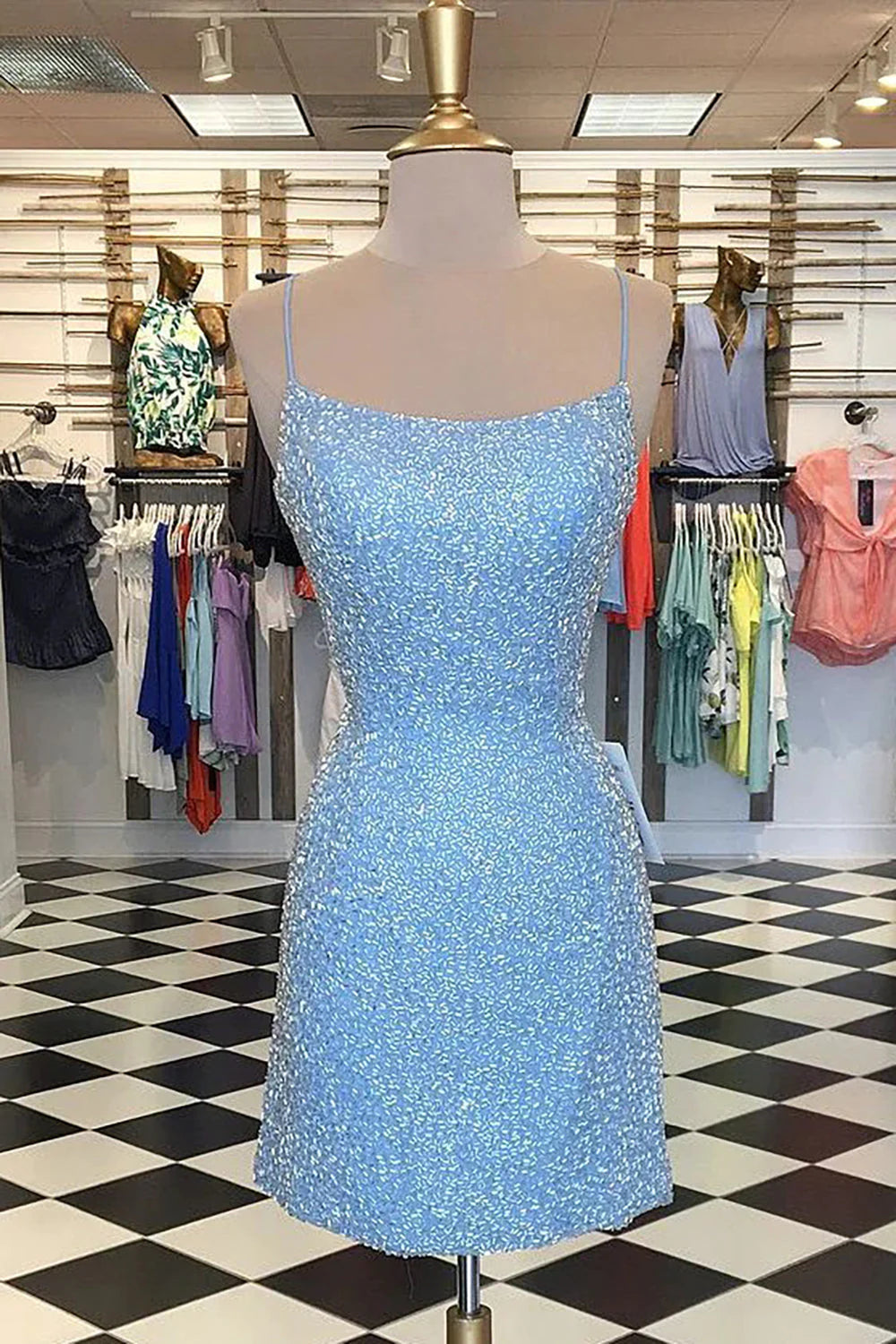 Sexy Spaghetti Straps Sheath Beaded Blue Scoop Criss Cross Homecoming Dresses