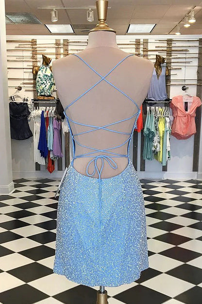 Sexy Spaghetti Straps Sheath Beaded Blue Scoop Criss Cross Homecoming Dresses