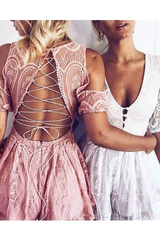 Sexy V-Neck Lace Homecoming Dresses A-Line Lace Up Short/Mini