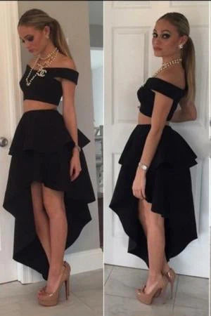 SexyTwo Piece Modern Off the Shoulder A-Line Princess High Low Satin Homecoming Dresses