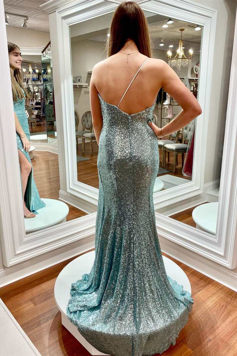 Sheath/Column Split Front Floor Length One Shoulder Sequins Prom Dresses