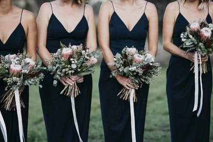 Sheath Long Black Satin Spaghetti Straps Slit Bridesmaid Dresses Bridesmaid Gowns