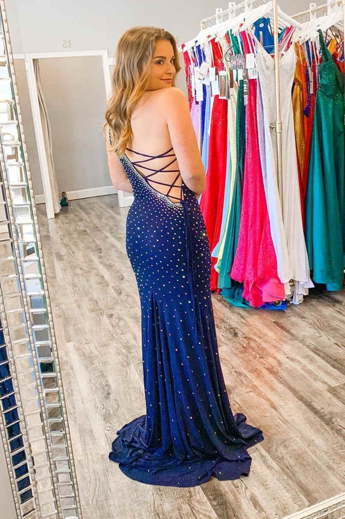 Mermaid Royal Blue Charming Prom Dresses With Rhinestones Long Evening Dresses