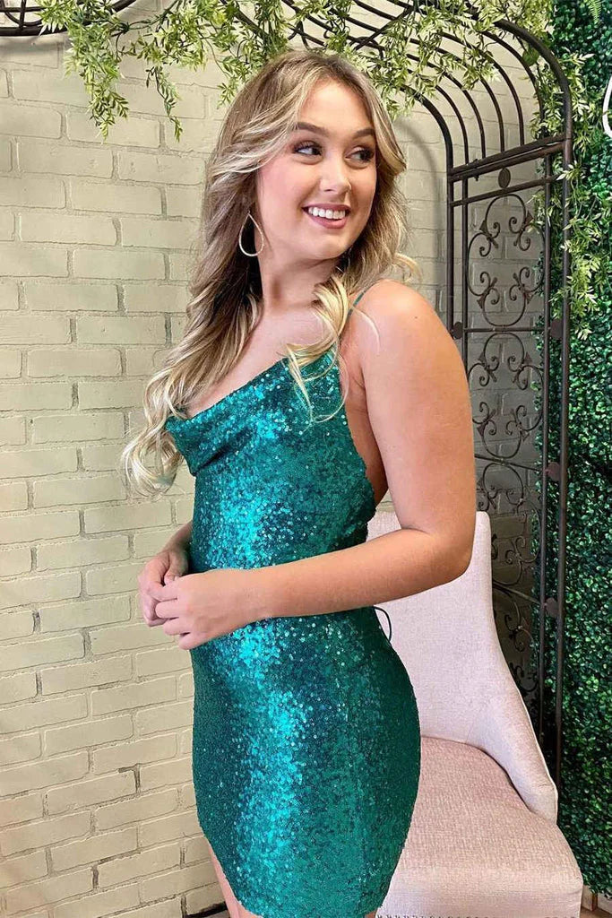 Sheath Sequins Short Green Spaghetti Straps Homecoming Dresses