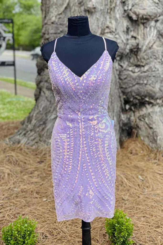 Sheath Spaghetti Straps V Neck Lavender Sequins Short Homecoming Dresses