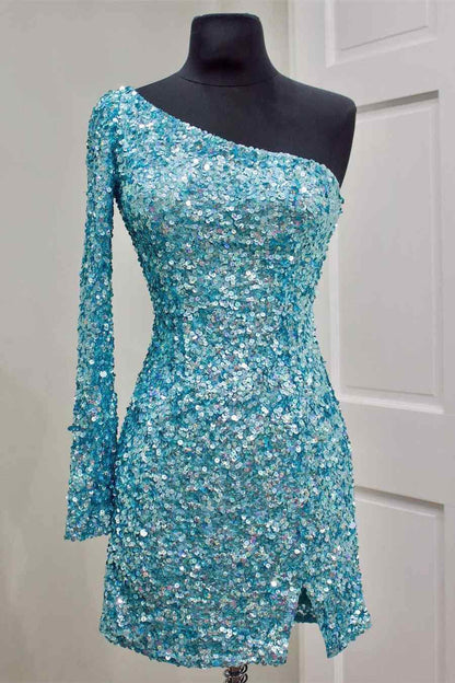 Shiny One Shoulder Sequin Homecoming Dresses With Long Sleeve