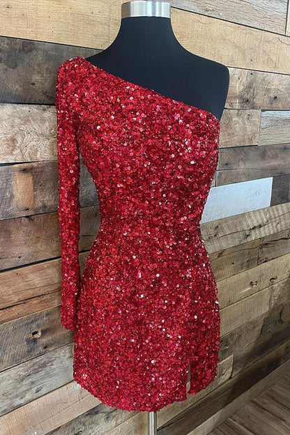 Shiny One Shoulder Sequin Homecoming Dresses With Long Sleeve