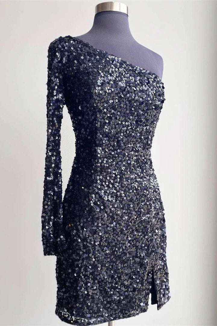 Shiny One Shoulder Sequin Homecoming Dresses With Long Sleeve