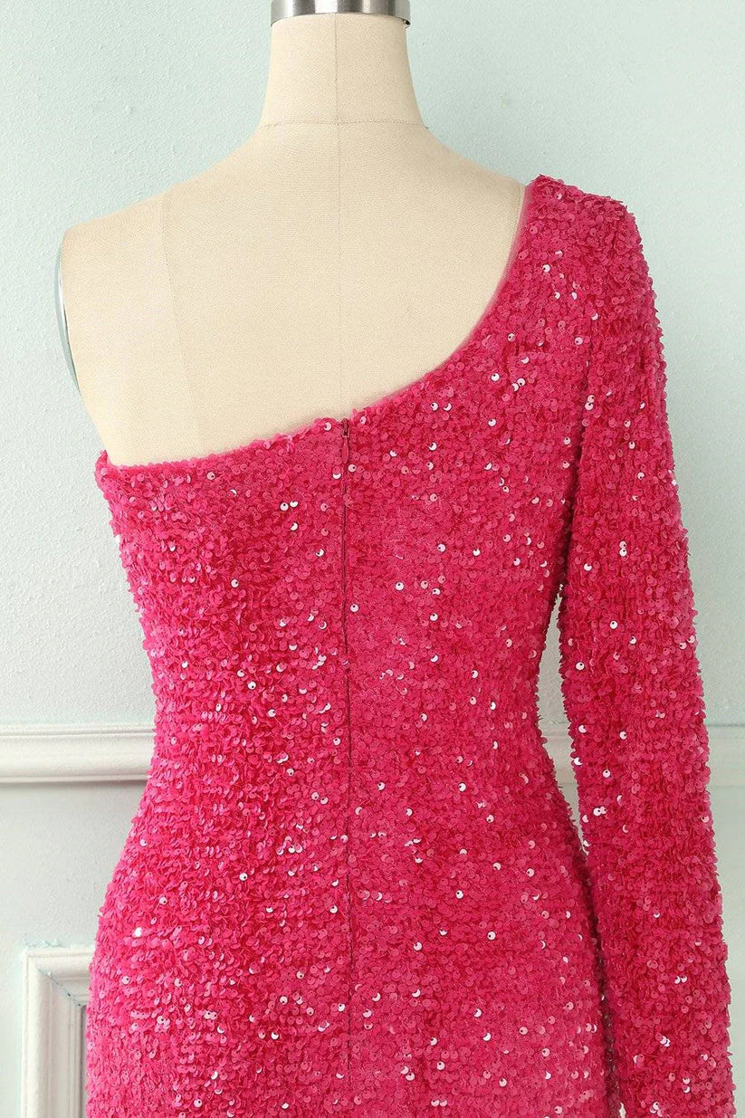 Shiny One Shoulder Sequin Homecoming Dresses With Long Sleeve