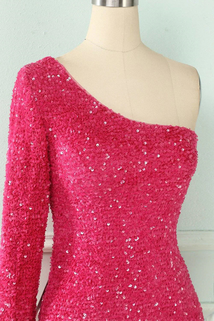 Shiny One Shoulder Sequin Homecoming Dresses With Long Sleeve