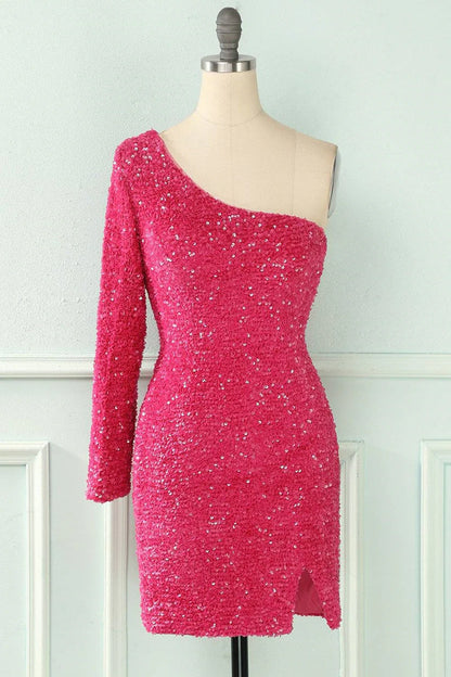 Shiny One Shoulder Sequin Homecoming Dresses With Long Sleeve