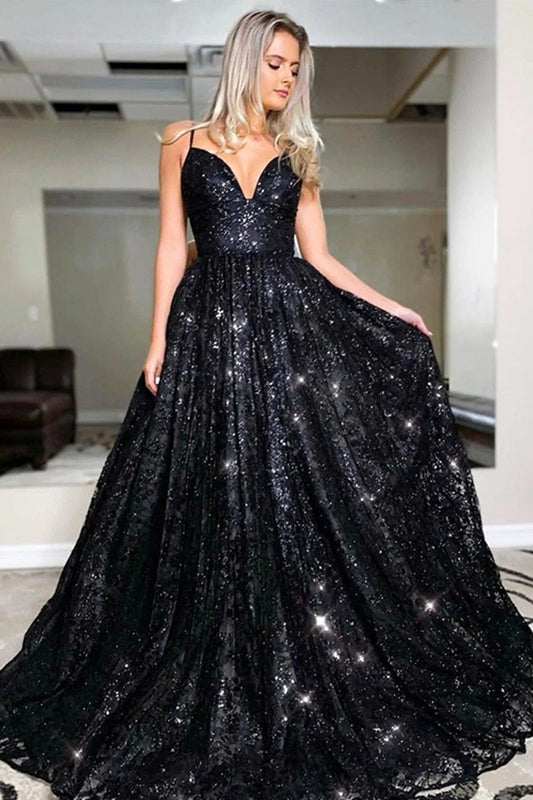 A Line V Neck Open Back Black Long Prom Dress