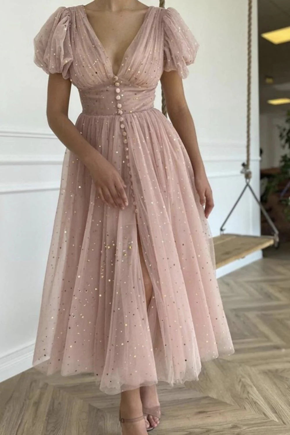 Shiny Sequins V Neck Pink Tea Length Prom Dress, V Neck Pink Homecoming Dress, Pink Formal Evening Dress