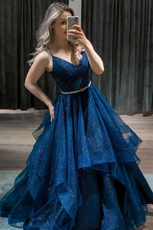 Shiny V Neck Dark Blue Long Prom Dress with Belt