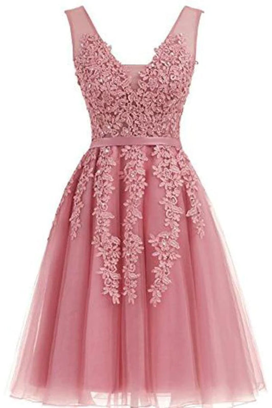 Short Dusty Rose Homecoming Dresses Lace Beads Tulle Appliqued Princess Hoco Dress