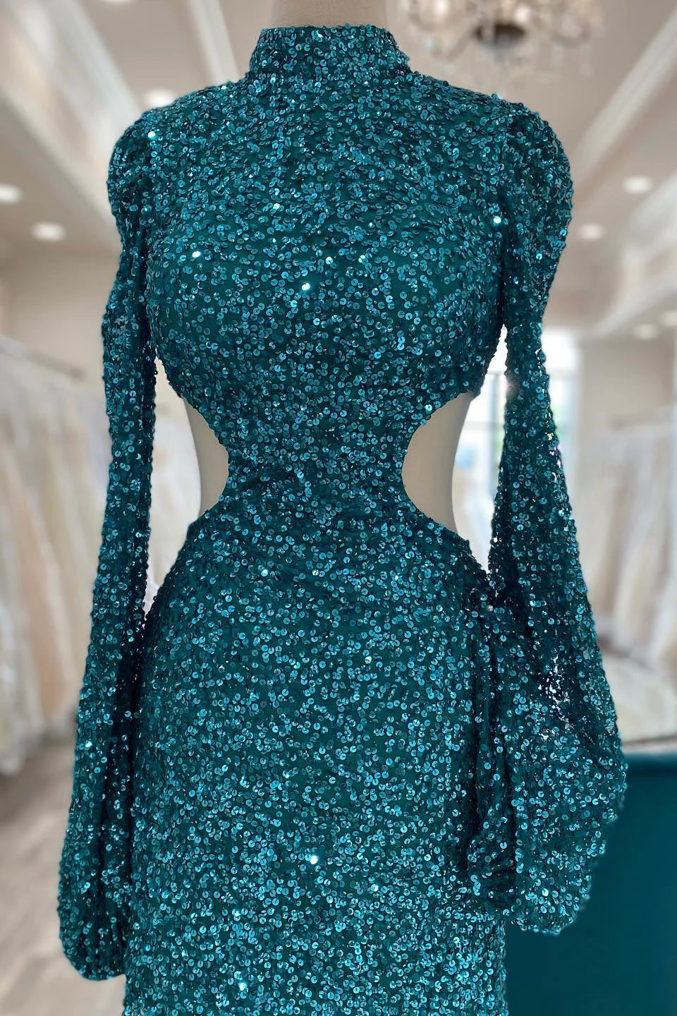 Short Homecoming Dresses Sheath High Neck Zipper Back Sequin Long Sleeves