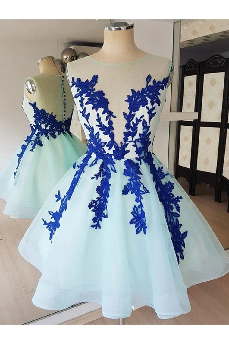 Short Lace Tulle Cocktail Dresses, Short Blue Lace Homecoming Graduation Dresses