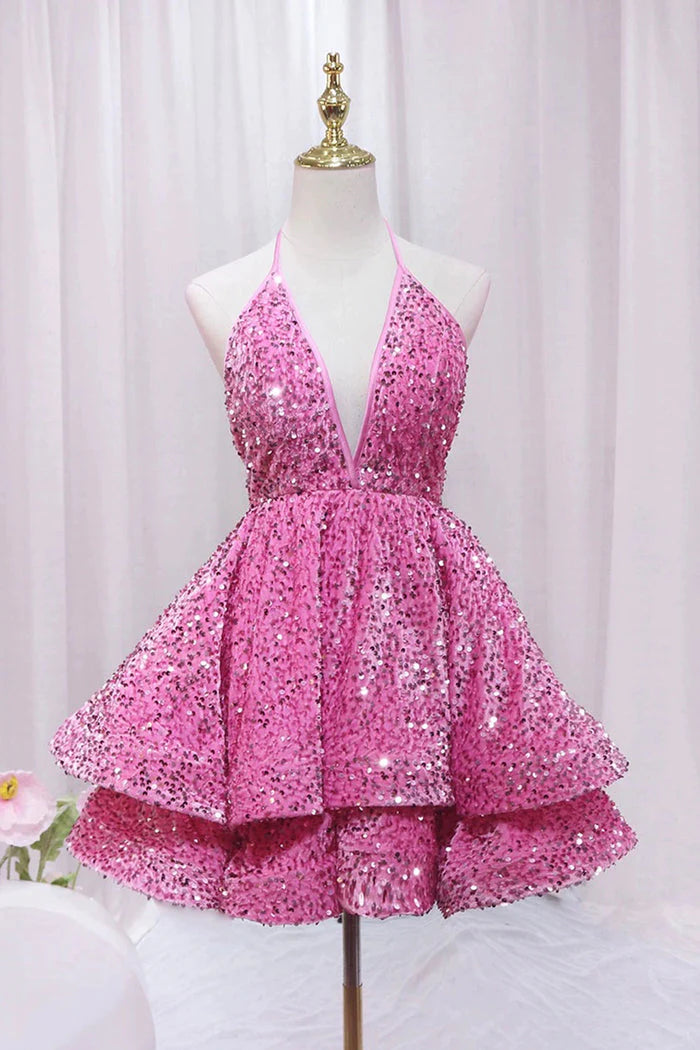 Short/Mini Homecoming Dress Sequins V Neck Sparkling