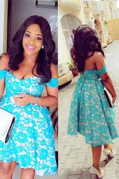 Short Off-shoulder Blue Lace Ruched Hi-lo Satin Chic Cocktail Dress Homecoming Dress