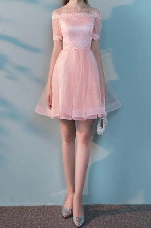 Short Sleeves A Line Boat Neck Tulle Keen Length Homecoming Dresses With