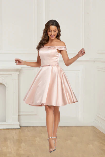 Silky A Line Satin Off Shoulder Short Homecoming Dresses With Beading