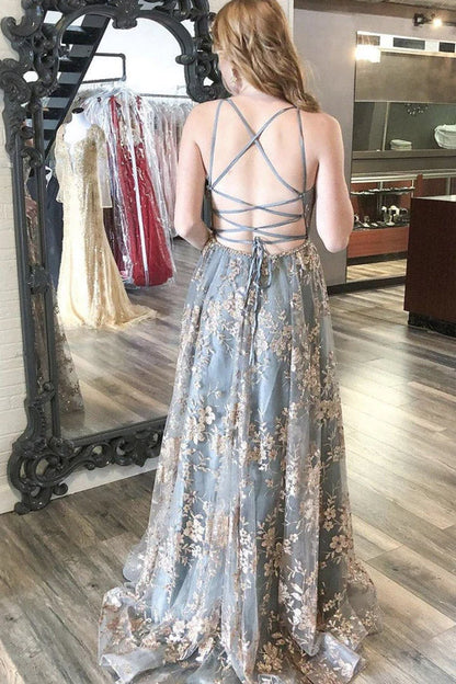 A-Line Lace V-Neck Spaghetti Straps Backless Long Prom Dresses